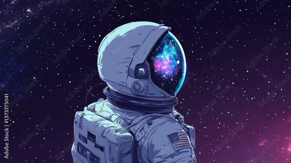 Poster illustration of an astronaut floating in space, the helmet reflecting a mesmerizing galaxy. a concep