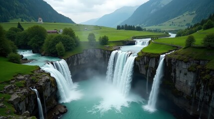 Fototapeta premium A high-quality photo of Reichenbach Falls in Switzerland, Europe, at midday with cloudy skies, shot from an elevated angle. The cloudy sky contrasts with the bright, strong flow of water.