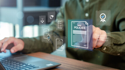Businessman checking steps through a virtual online document with a list of checkboxes Concepts of practices and policies, regulation, Terms and conditions ,Evaluate quality and efficiency