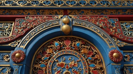 Intricate traditional architecture featuring ornate patterns and vibrant colors showcasing artistic craftsmanship.