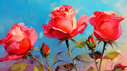 Beautiful red roses blooming against a bright blue backdrop in vibrant art style