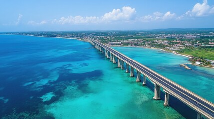 Aerial view of a highway bridge stretching across a deep blue bay.