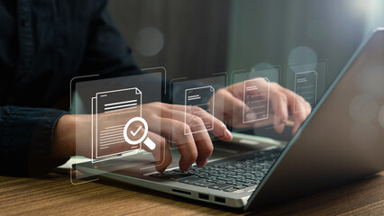 Businessman checking steps through a virtual online document with a list of checkboxes Concepts of...