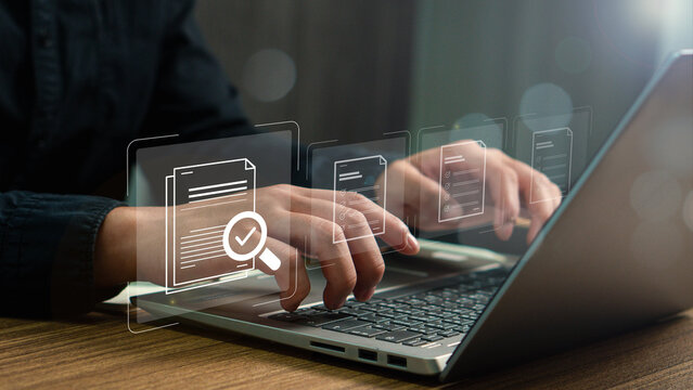 Businessman checking steps through a virtual online document with a list of checkboxes Concepts of practices and policies, regulation, Terms and conditions ,Evaluate quality and efficiency