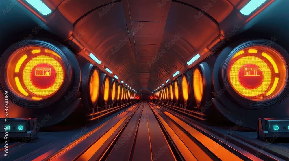 Aufkleber an innovative hyperloop transportation system with futuristic tunnels and speed indicators.