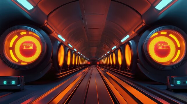An innovative hyperloop transportation system with futuristic tunnels and speed indicators.