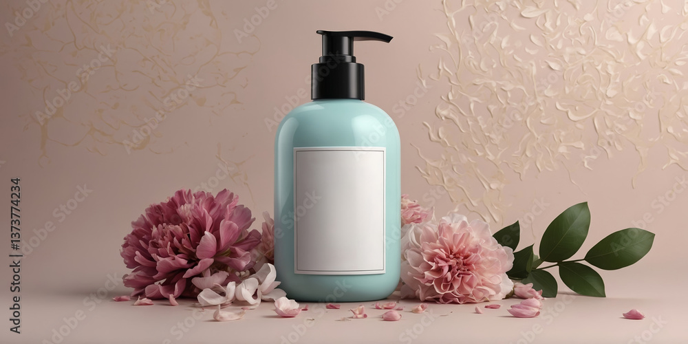 Poster botanical skincare product displayed with peonies and greenery in soft light setting