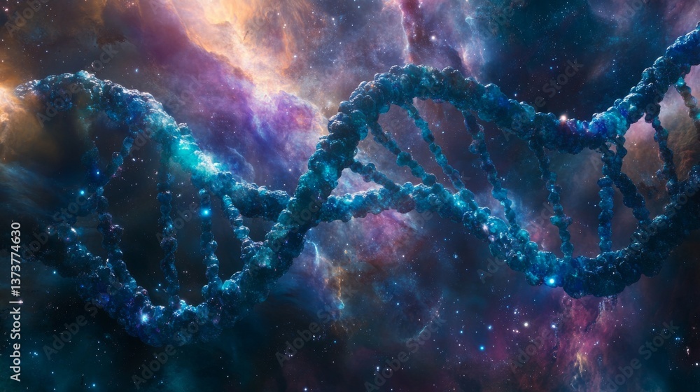 Poster a highly detailed dna strand set against a mesmerizing galactic background, highlighting the fusion 