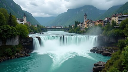 Fototapeta premium Rhine Falls in Switzerland during a rainy midday, captured from an ordinary perspective with water cascading powerfully, surrounded by mist and fog.