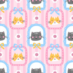 Vector seamless pattern with cute kittens, floral, frames, and pastel stripes. Perfect for children clothing, wrapping paper, and nursery decor. Charming, girly design with an adorable touch