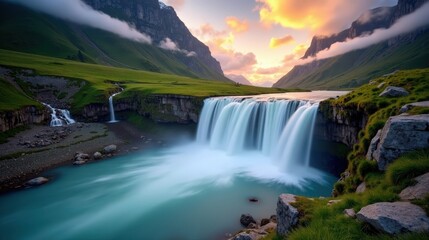 Fototapeta premium A high-quality photo of Reichenbach Falls in Switzerland at dawn, cloudy conditions, captured from an ordinary perspective with the waterfall shrouded in mist.