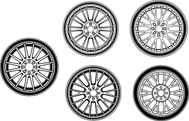Vector Set of Car Wheel Rims, Various Alloy and Steel Wheel Designs, Minimalist Silhouettes and Detailed Jant Illustrations for Automotive and Transportation Graphics
