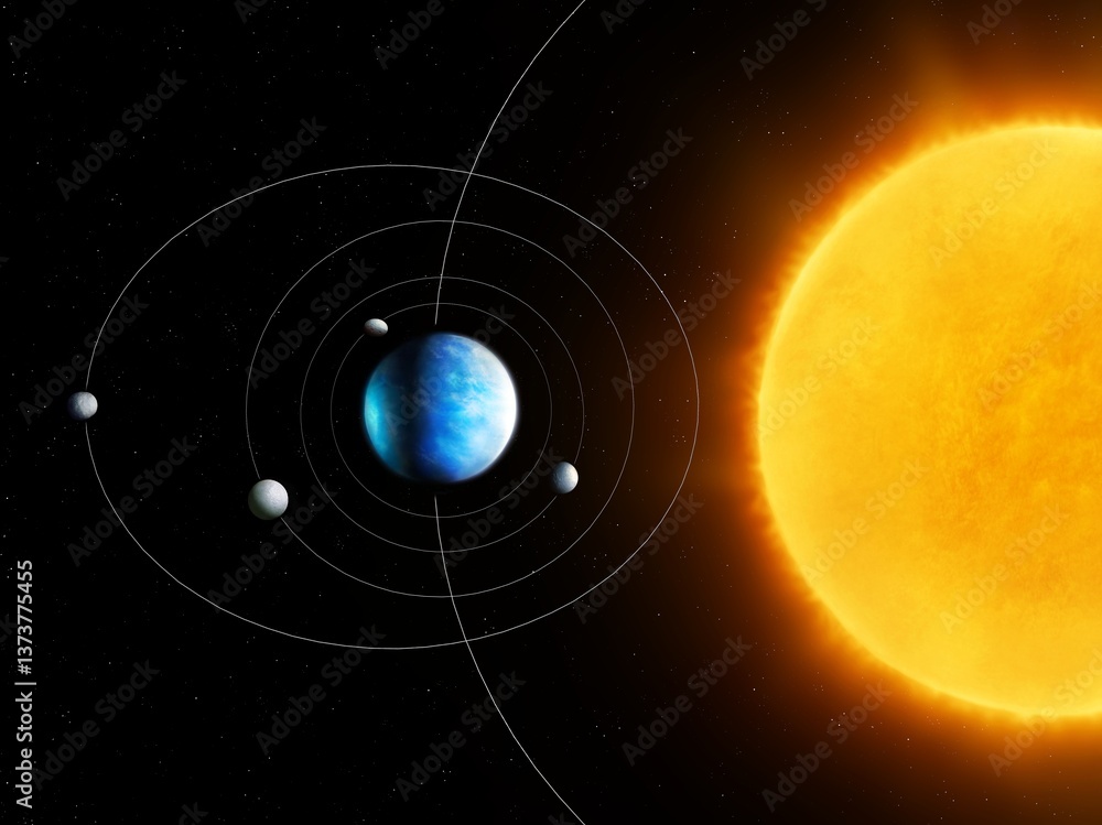 Wall mural exoplanet with moons orbiting a star in space. model of a system of satellites around an earth-like 