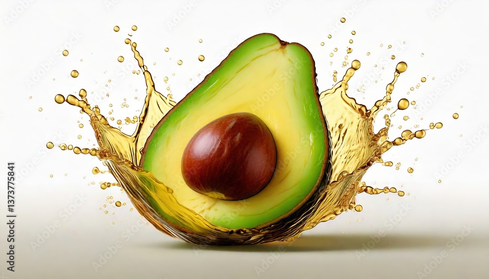 Poster an avocado is splashing in liquid, showcasing its vibrant green flesh and brown pit, creating a dyna