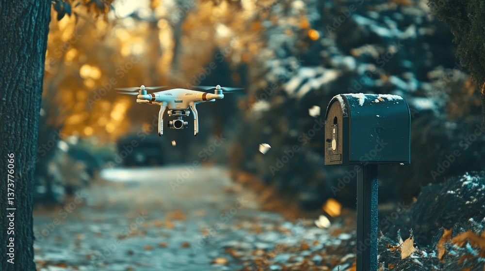 Poster a drone dropping off a package at a high-tech smart mailbox.
