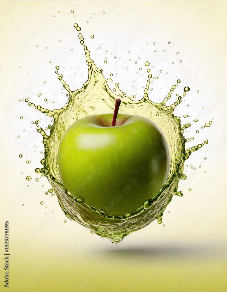 Poster a vibrant green apple splashes into water, creating dynamic droplets that emphasize freshness and vi