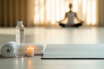 Calm atmosphere featuring yoga essentials, lit candle, water bot