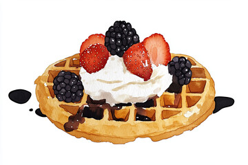 delicious watercolor illustration of golden brown waffle topped with fresh strawberries, blackberries, and whipped cream, evoking sense