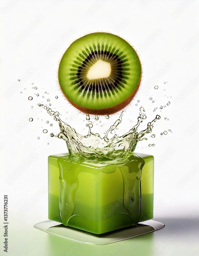 Poster a vibrant kiwi fruit splashes into a green jelly cube, creating dynamic water droplets and showcasin
