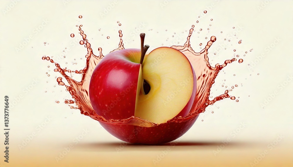 Poster a vibrant red apple sliced in half, creating a splash of juice, showcasing freshness and vitality ag