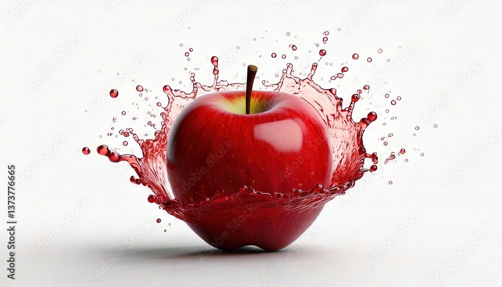Poster a vibrant red apple splashes in water, creating a dynamic and refreshing visual with droplets radiat