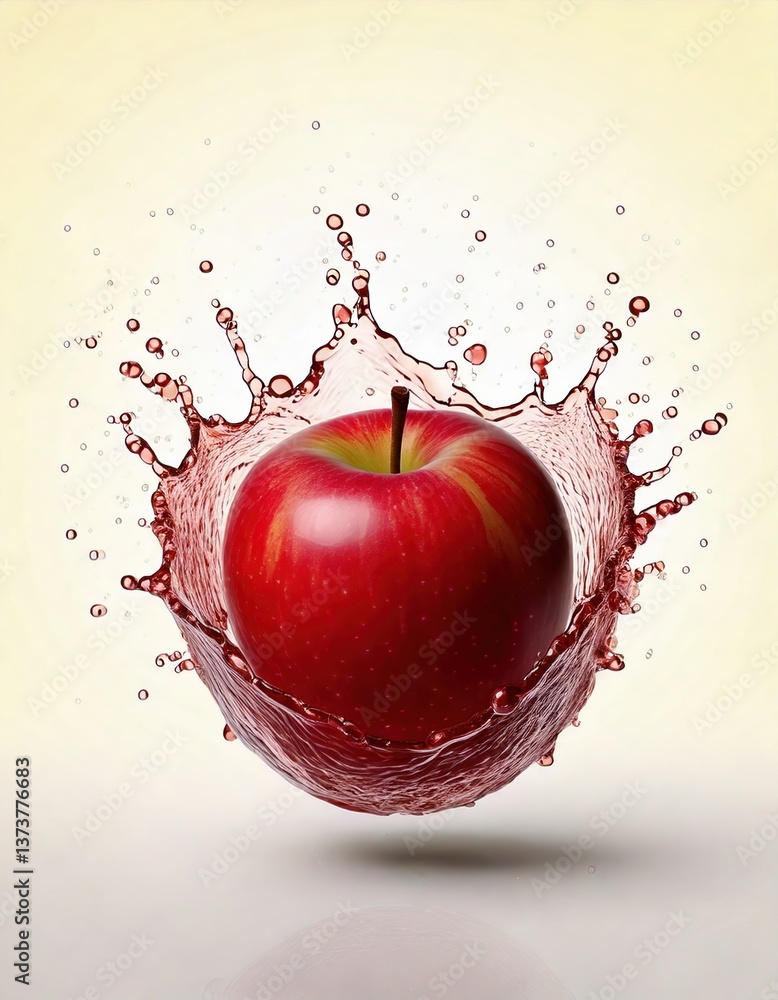 Poster a vibrant red apple splashes into water, creating a dynamic and refreshing visual effect, highlighti