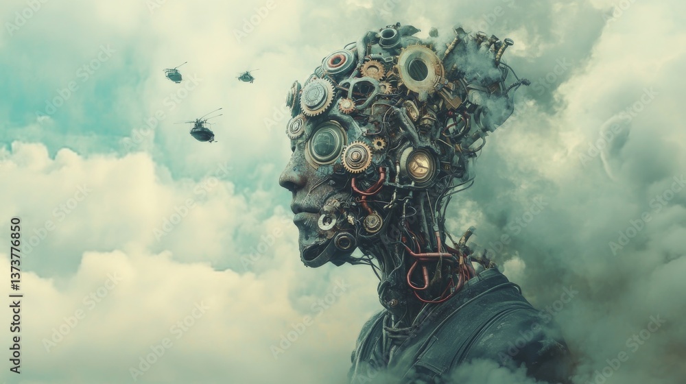 Poster a digitally created cyborg head with intricate mechanical parts, floating in a cloudy sky with helic