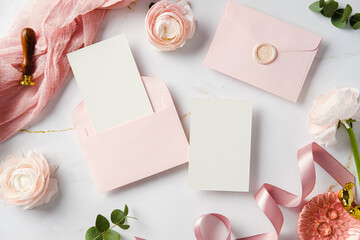 Flat lay of pink envelopes, blank cards, wax seal, ribbon, and flowers on marble. Perfect for...