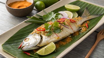  Thai Steamed Fish with Curry Paste in Banana Leaf Presentation