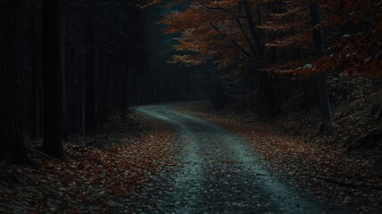 Fototapeta premium A forest road during peak autumn, covered in vibrant orange and red leaves.