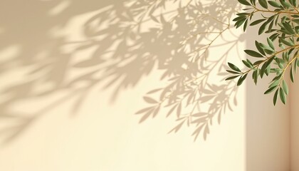 Modern summer minimal of olive tree branch in sunlight with long shadows on beige wall background, copy space interior lifestyle Mediterranean scene.