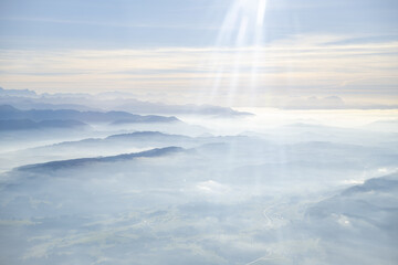 Wide aerial view over the Adelegg, Schwarzer Grat, Nagelfluh heights, Hauchenberg ridge, and the...