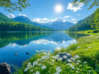 A beautiful lake with mountains in the background