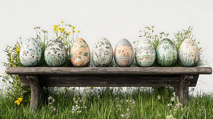 A template of seven painted easter eggs celebrating a Happy Easter on a white background