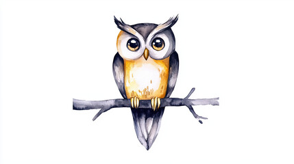 Obraz premium gentle watercolor rendering of wise owl perched on branch, showcasing its expressive eyes and vibrant feathers
