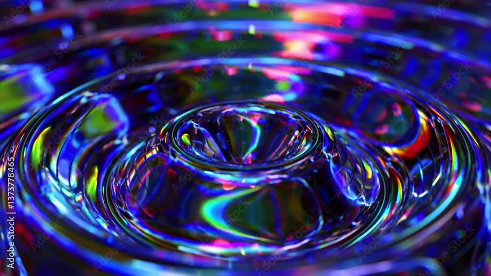 Poster colorful liquid ripples radiating from central peak, generating mesmerizing iridescent waves with dy