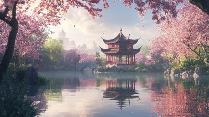 A peaceful scene featuring a traditional Asian pagoda surrounded by lush cherry blossom trees, reflected in the calm waters of a lake. The gentle spring ambiance evokes a sense of tranquility and