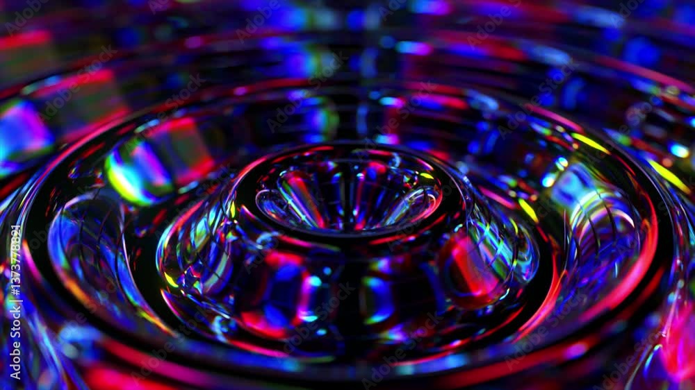 Poster iridescent concentric ripples expanding dynamically across dark background, generating mesmerizing f