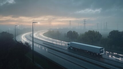 Fototapeta premium A futuristic electric freight truck on a smart highway at dawn.