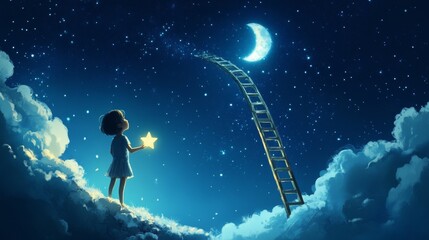 Fototapeta premium A whimsical illustration of a child holding a glowing star, standing on a cloud with a ladder leading up to the crescent moon. The scene is set under a serene, starlit sky, evoking a sense of wonder