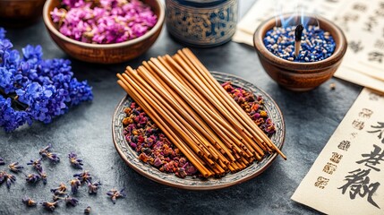 Moxibustion sticks and herbs with burning moxa and ancient chinese texts, illustrating traditional chinese medicine practices