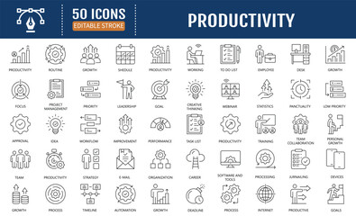 Productivity line editable icon set. Containing efficiency, focus, task,  workflow, growth, project management, productivity and more. Vector Illustration