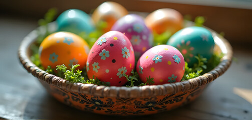 A blurred image of Easter eggs in soft pastel colors resting in a natural setting with flowers and sunlight in the background. The warm, cheerful atmosphere is perfect for spring designs