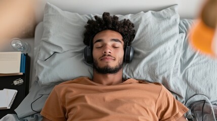 Relaxed individual enjoying music, eyes closed, surrounded by co