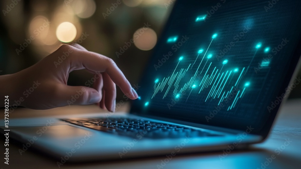 Poster close-up of a hand reaching toward a laptop screen glowing with digital data points and graphs, set 
