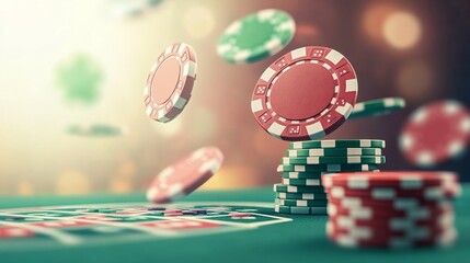 Players eagerly toss colorful chips onto the green felt surface, engaging in a thrilling game at a bustling casino during evening hours