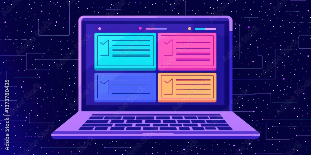 Poster income tax return system concept. digital laptop with colorful task management interface on a dark b