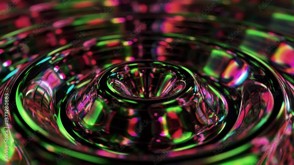 Poster concentric ripples expanding across reflective surface, generating iridescent color waves with mesme