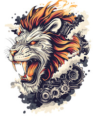 A powerful lion head fused with a roaring V8 engine, symbolizing unmatched strength and mechanical power