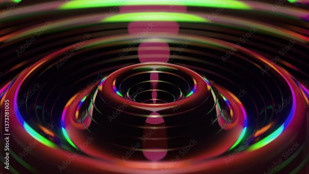 Poster vibrant concentric rings pulsating, generating mesmerizing iridescent reflections around central dom